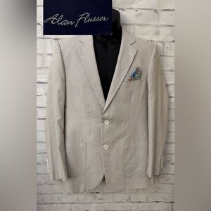 Alan Flusser Med Beige White Pinstripe Sport Coat Jacket Cotton Pocket Square